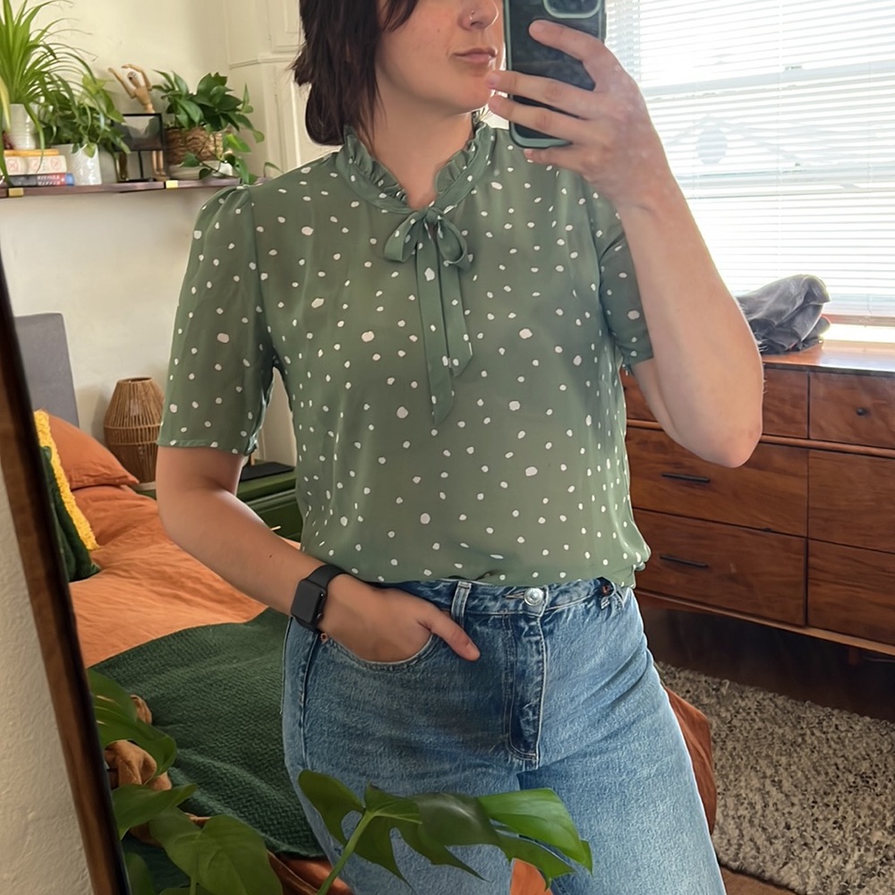 Sage Green Blouse with Pussybow Neckline